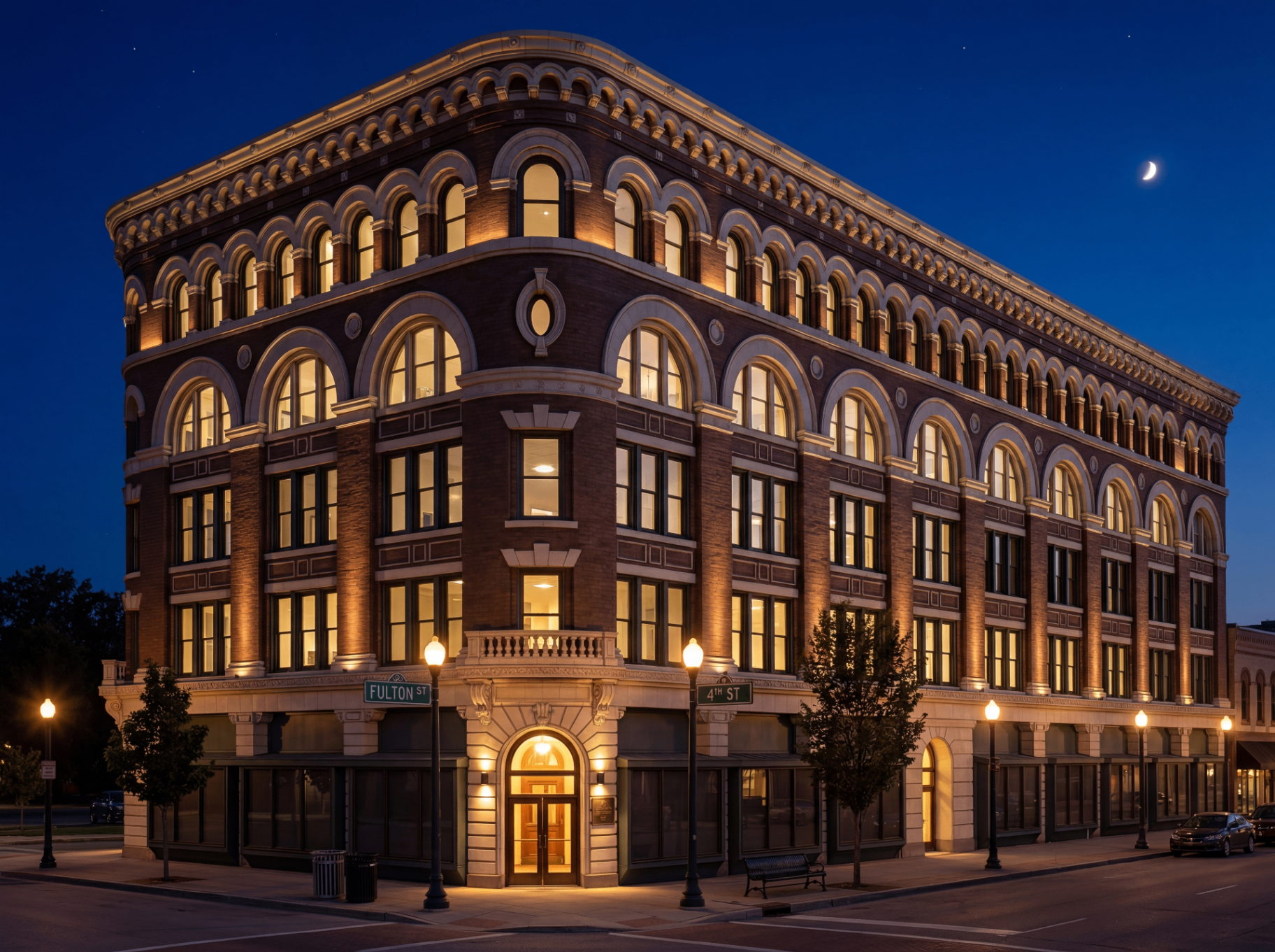The Ilium hotel grand lobby with classical columns and warm golden lighting