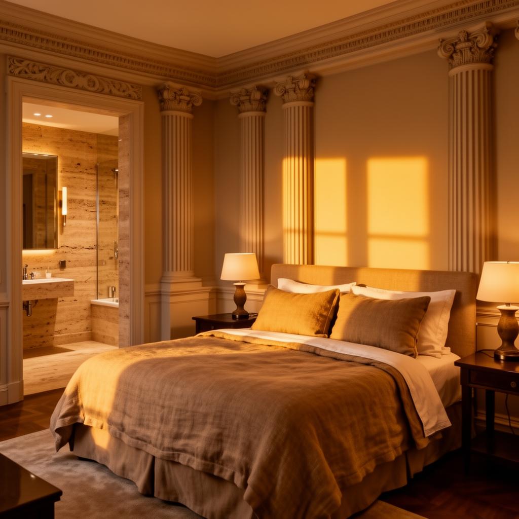 Boutique hotel room with a white bed, sheer curtains, and an exposed brick wall at The Ilium, Troy NY