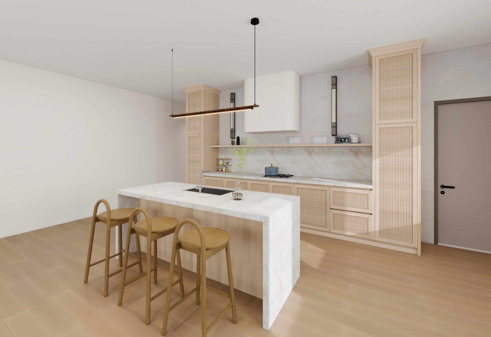 One-bedroom suite kitchen with a marble island and wood cabinets at The Ilium, Troy NY
