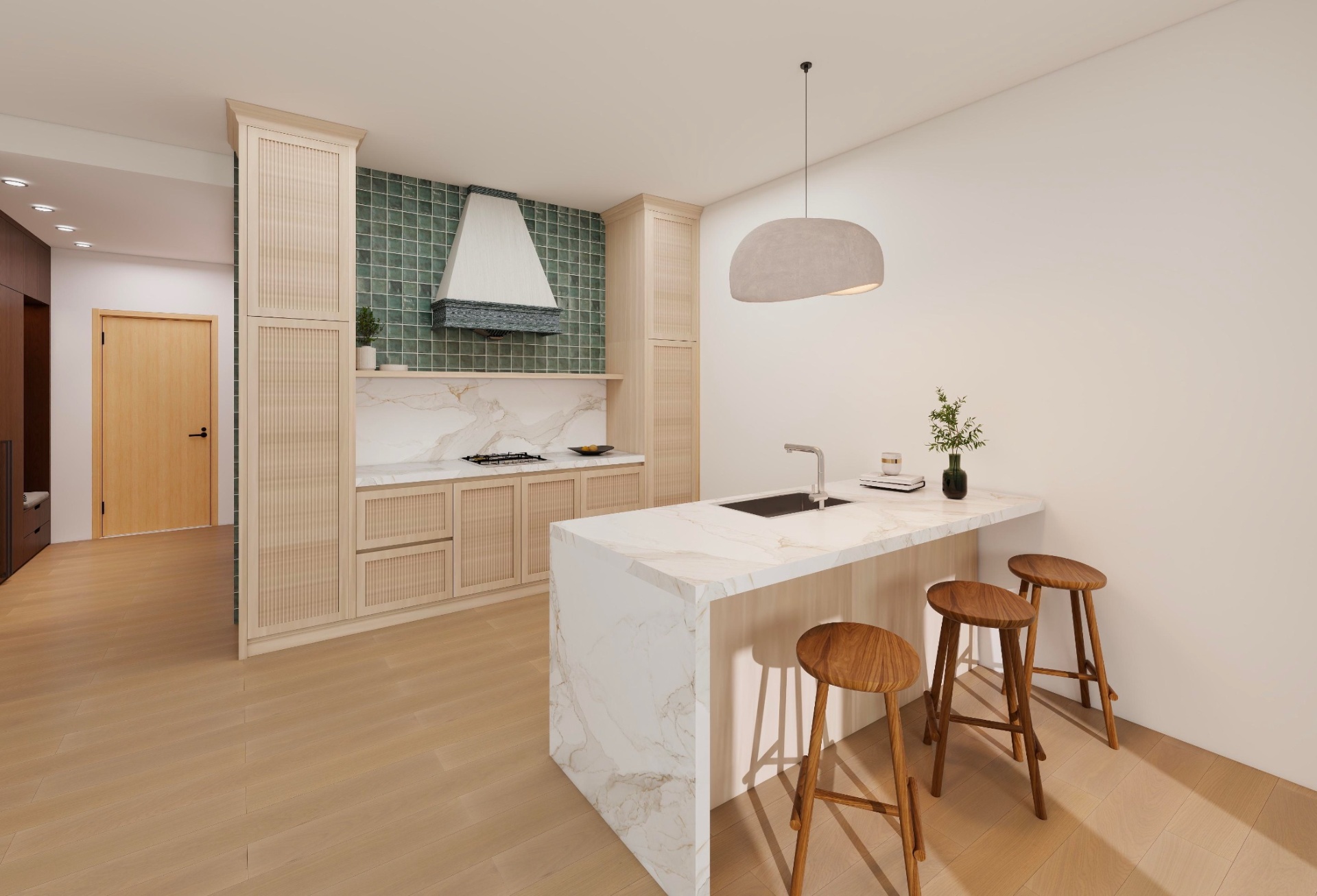 Two-bedroom suite kitchen with white cabinets, a farmhouse sink, and open shelving at The Ilium, Troy NY