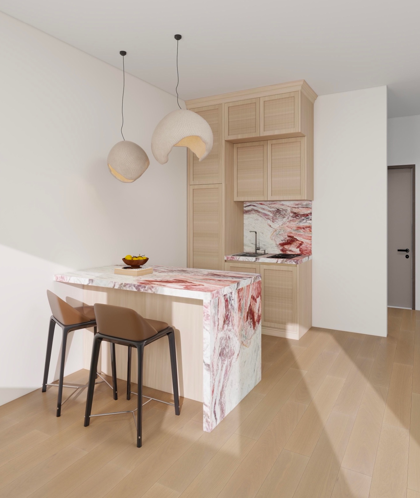 Studio suite kitchen with white cabinets, a sink, and a window at The Ilium, Troy NY